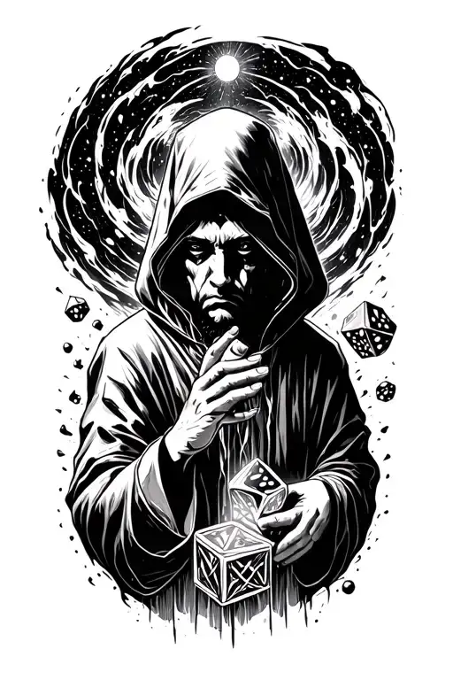Hooded Figure With Cosmos Face Above Swirling Vortex Rolling Dice Of Fate With Hand
