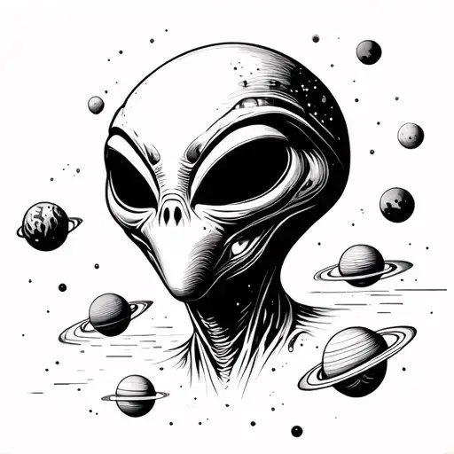 Alien Roswell Head With A Few Planets