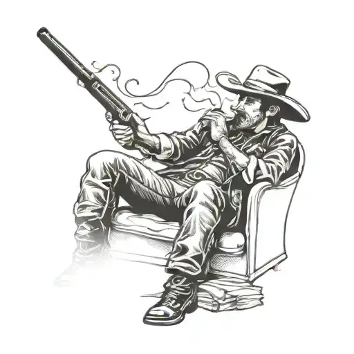A Cowboy Sat Lighting A Cigar Leaning