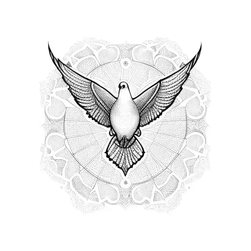 A Blackwork Tattoo Of A Dove With Intricate Patterns Inspired By Graphic Design Elements