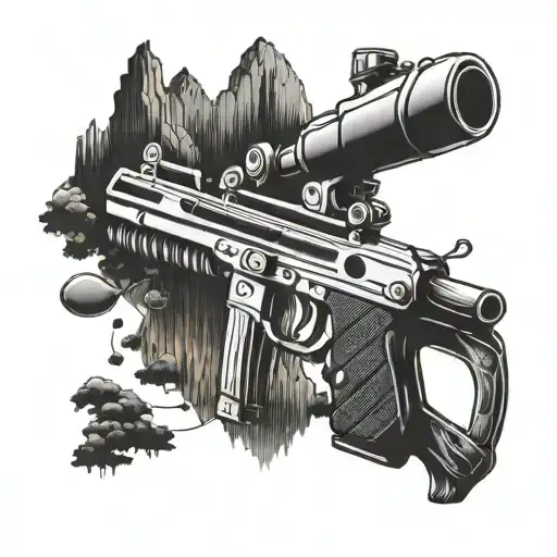 A Surreal Blackwork Tattoo Of A Paintball Gun Morphing Into A Mountain Range