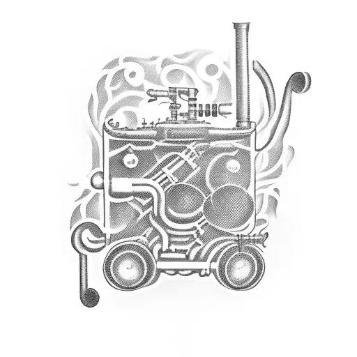 A Blackwork Tattoo Of A Vintage Car With Musical Notes Flowing Out Of Its Exhaust Pipes