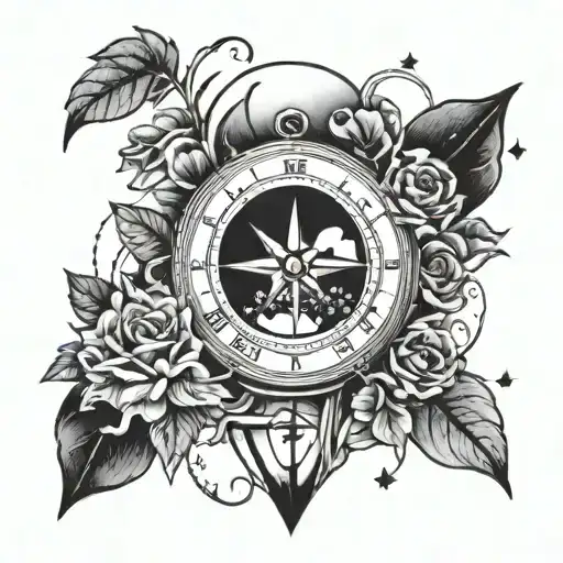 A Compass Inside Of Hourglass And Surrounded With Some Roses And Little Stars