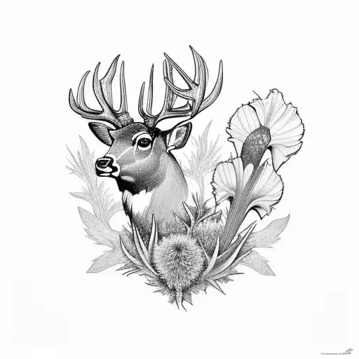 Thistles And Iris Flowers With Deer In Center