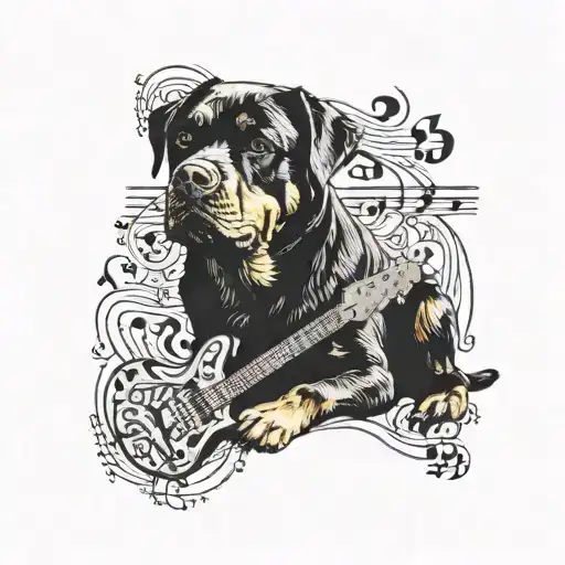 A Rottweiler Playing A Guitar With Arabic Music Notes In The Background