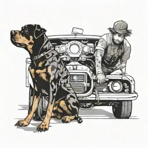An Engineer Working On A Car With A Rottweiler By Their Side