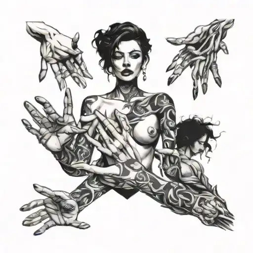 Lady With Dark Waved Hair With Hands Of Other People Ripping Her Body Appart