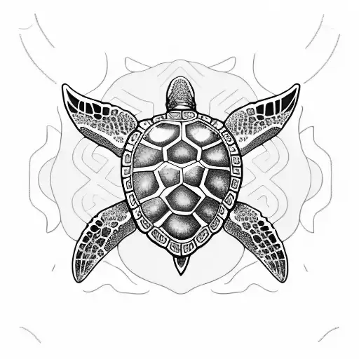 Sea Turtle With Tribal Designs On The Shell And Real Head And Flippers