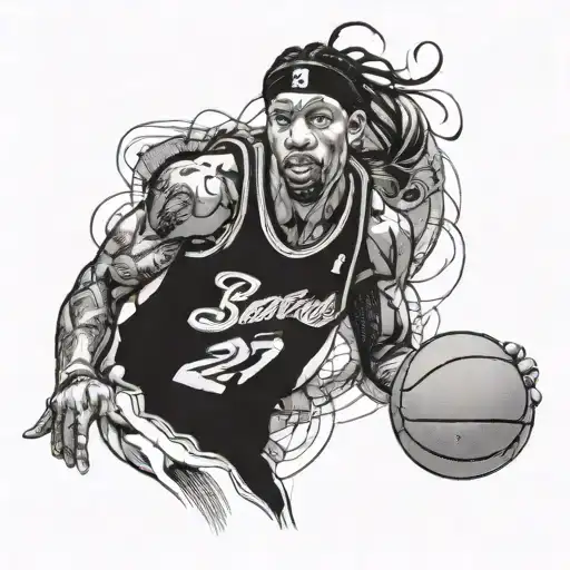 A Portrait Of Allen Iverson Dribbling A Basketball With A Fierce Expression
