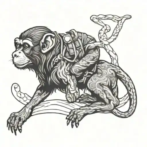 Monkey Riding A Dog With Snake Intertwined
