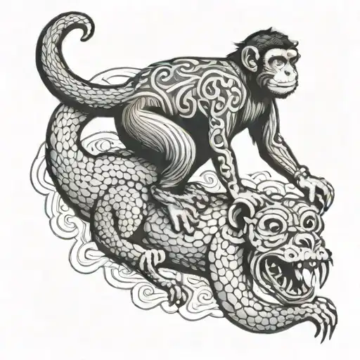 Monkey Riding A Dog With A Snake Around Neck