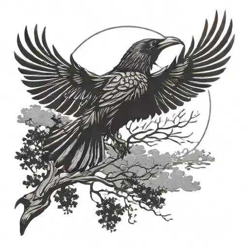 Raven Flying With Trees In Background Contemporary