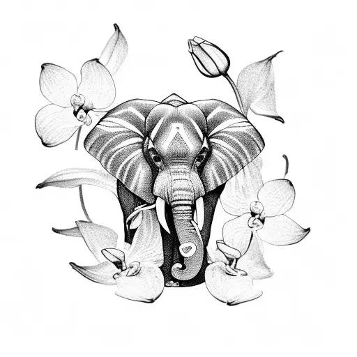 A Blackwork Tattoo Of An Elephant With Orchids And Wildflowers Forming Its Shape
