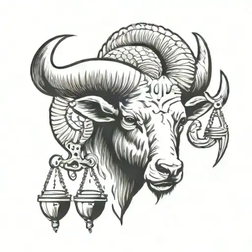 Half Bull Head And Half Ram Head Emerging With Weight Scales Hanging From The Bull And Ram Horns