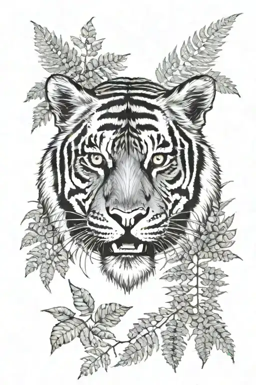 Tiger Surrounded By Fern Leafs And Greek Mythology