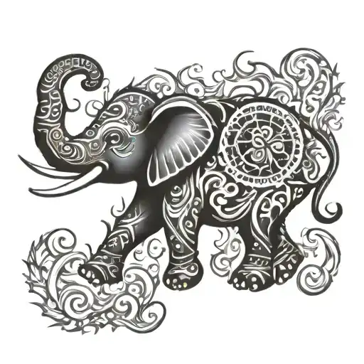 A Tribal-inspired Design Of A Dancing Elephant Surrounded By Flames