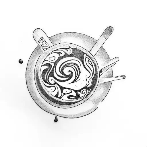 An Abstract Blackwork Tattoo Of A Latte Art Design Inspired By Plants