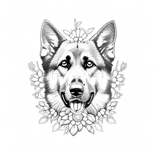 German Shepherd Portrait Surrounded By Delicate Dotwork Flowers