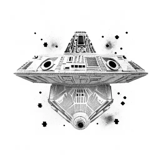 A Blackwork Tattoo Of The Millennium Falcon Flying Through A Galaxy