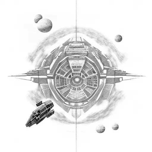 A Blackwork Tattoo Of The Millennium Falcon Flying Through A Galaxy