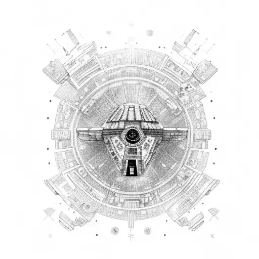 A Blackwork Tattoo Of The Millennium Falcon Flying Through A Galaxy
