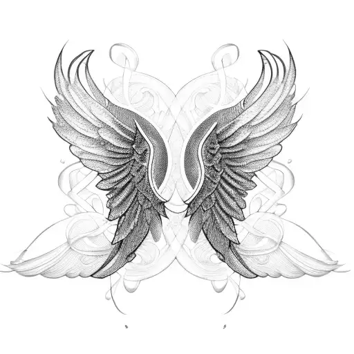 A Pair Of Angel Wings Composed Of Delicate Lace Calligraphy Intertwined With Ballet Ribbons