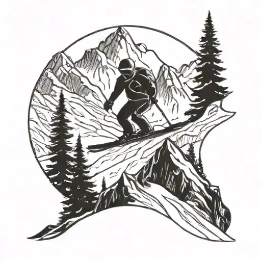 A Minimalist Geometric Design Of A Skier Carving Through Mountain Slopes