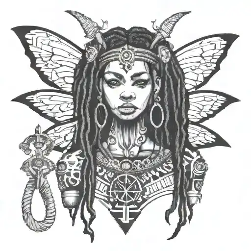A Black Fairy With Dreadlocks With An Ankh Symbol And Tribal Tattoos In Backgrown