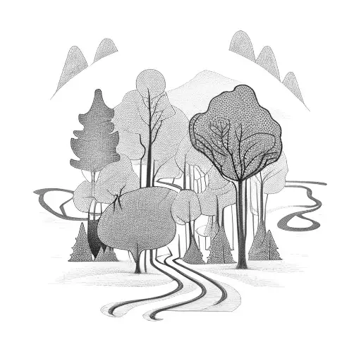 A Black-grey Tattoo Of A Forest Scene With A Winding Road Leading Into The Distance