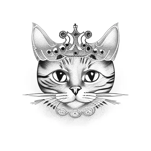 A Blackwork Tattoo Of A Cat Wearing A Crown Made Of Perfume Bottles