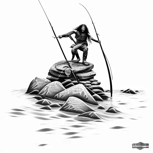 Spear Fisherman With Long Hair On A Rock In The Water