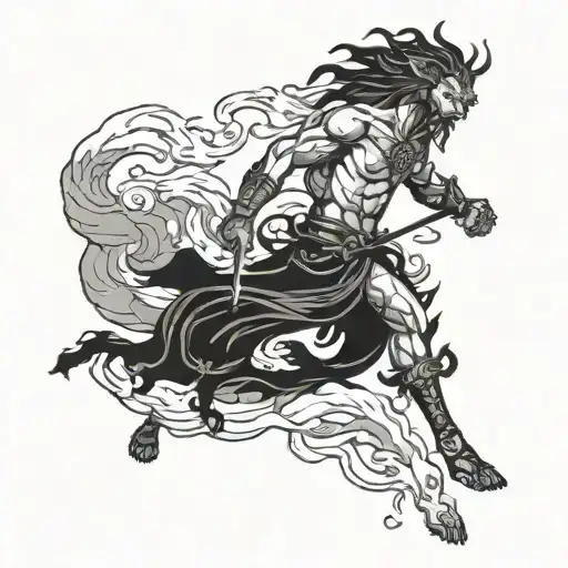 A Fierce Warrior Battling A Mythical Beast In A Dramatic Landscape