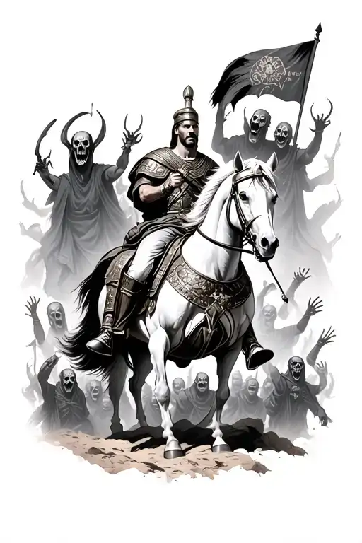 Roman General On His Horse Surrounded By A Horde Of Ghouls