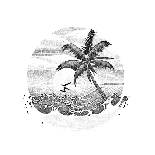 A Serene Beach Sunset With Palm Trees And Waves Crashing