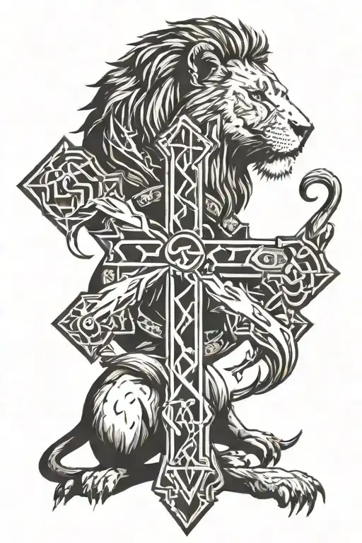 Simple Cross As A Large Focus With A Lion On One Side And A Table With 20 Sided Dice On The Other