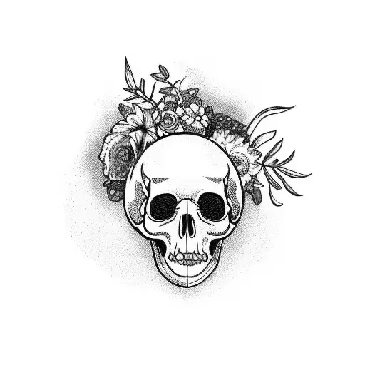 A Taxidermy-inspired Tattoo Featuring A Vibrant Bouquet Of Plants Growing Out Of A Wooden Skull