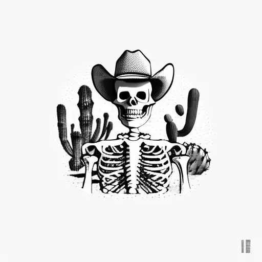 Skeleton Cowboy In Desert With A Cactus