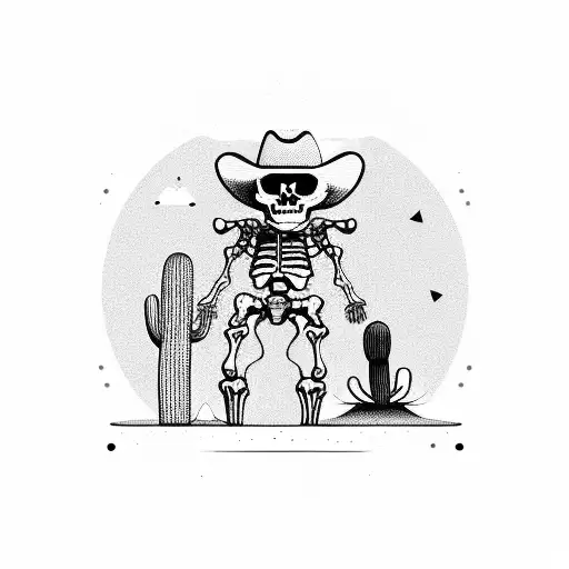 Skeleton Cowboy Full Body In Desert With A Cactus