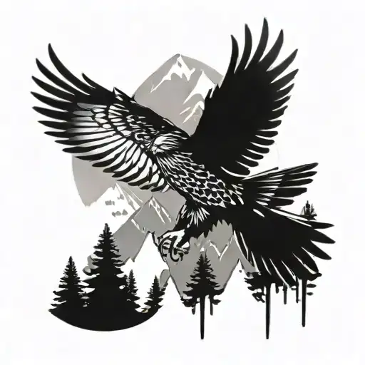 Hawk Flying Over Mountainous Forest Setting