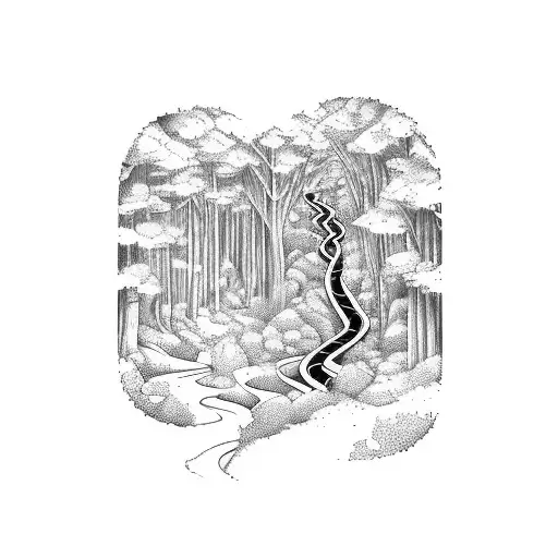 A Winding Path Through A Dense Forest Leading To A Hidden Waterfall