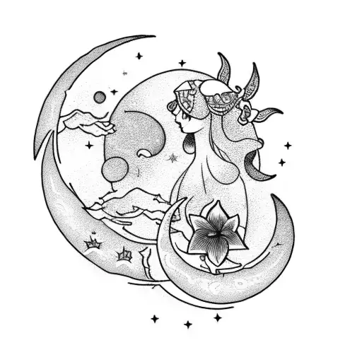 Crescent Moon With Lily And Morning Glory