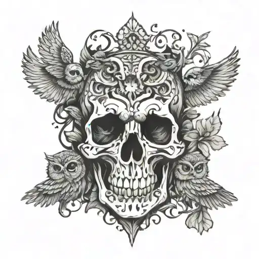 Skull With Surrounded By Owls