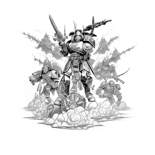 A Sketch-style Tattoo Of A Warhammer 40K Battle Scene With Heavy Metal Influences