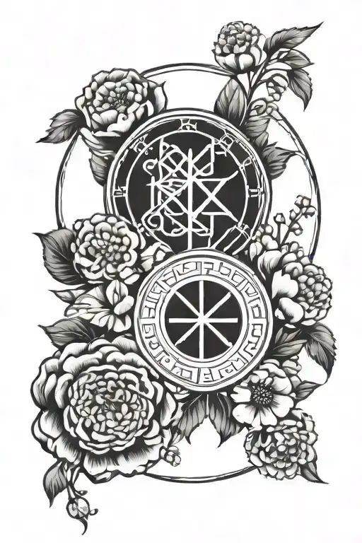 Norse Runes In A Circle With Carnation Flowers