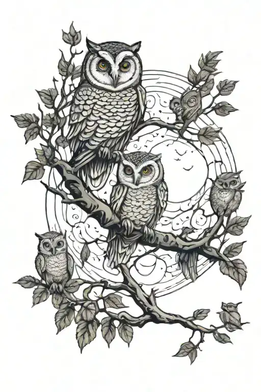 Forrest Surrounded By The Moon With Owls Resting On A Branch
