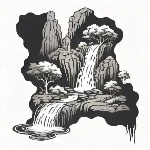 Waterfall Flowing And Castle In A Dark Cave