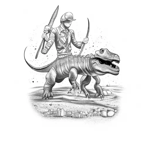 A Blackwork Tattoo Of A Paleontologist Excavating Dinosaur Bones