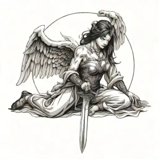 Angel Silk Pierced By A Katana While Kneeling