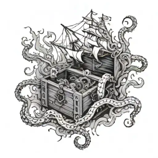 Kraken Under Water And A Treasure Chest Sunk To Bottom