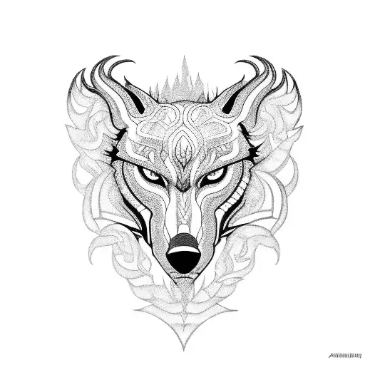 A Blackwork Tattoo Of A Motorbike With Intricate Patterns Resembling Tribal Wolf Markings